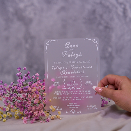Zaproszenia ślubne PREMIUM wykonane na SZKLE AKRYLOWYM satynowym-ZS01D