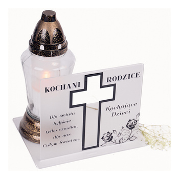 Podstawka pod znicz z wyciętym krzyżem. Wykonana z mlecznej pleksi