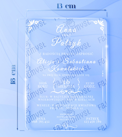 Zaproszenia ślubne PREMIUM wykonane na SZKLE AKRYLOWYM satynowym-ZS01E