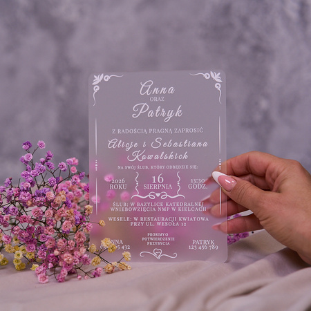 Zaproszenia ślubne PREMIUM wykonane na SZKLE AKRYLOWYM satynowym-ZS01E