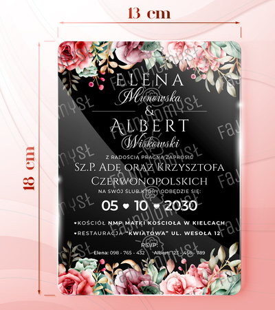 Zaproszenia ślubne PREMIUM wykonane na czarnym błyszczącym SZKLE AKRYLOWYM -ZCZ17A