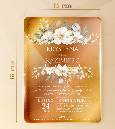 Zaproszenia ślubne PREMIUM wykonane na SZKLE AKRYLOWYM złotym lustrzanym-ZZ13A