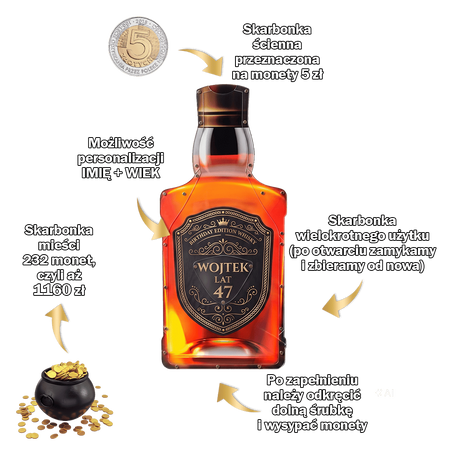 Personalizowana skarbonka ścienna Whisky na 5 zł – imię i wiek