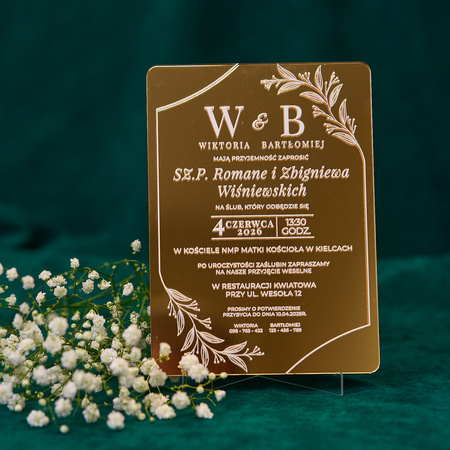 Zaproszenia ślubne PREMIUM wykonane na SZKLE AKRYLOWYM złotym lustrzanym-ZZ04