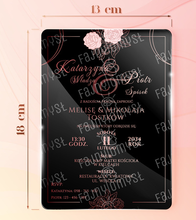 Zaproszenia ślubne PREMIUM wykonane na czarnym SZKLE AKRYLOWYM-ZJC09