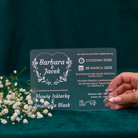 Zaproszenia ślubne PREMIUM wykonane na SZKLE AKRYLOWYM satynowym-ZS15B