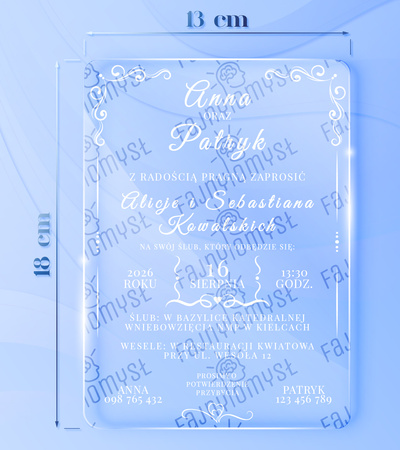 Zaproszenia ślubne PREMIUM wykonane na SZKLE AKRYLOWYM satynowym-ZS01B
