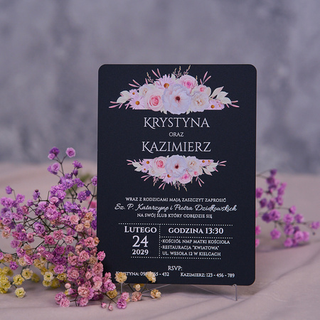 Zaproszenia ślubne PREMIUM wykonane na czarnym SZKLE AKRYLOWYM-ZCZ13B
