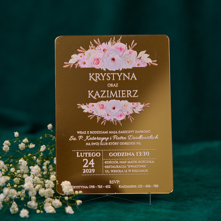 Zaproszenia ślubne PREMIUM wykonane na SZKLE AKRYLOWYM złotym lustrzanym-ZZ13B