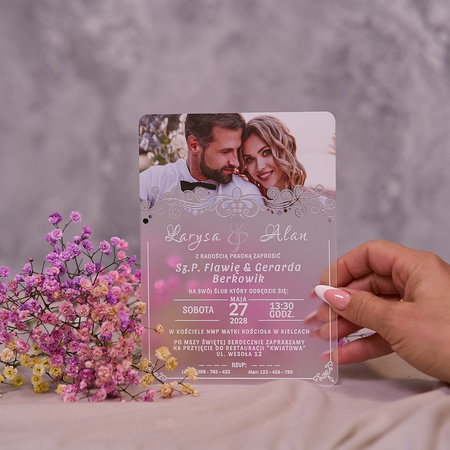 Zaproszenia ślubne PREMIUM wykonane na SZKLE AKRYLOWYM satynowym-ZS07