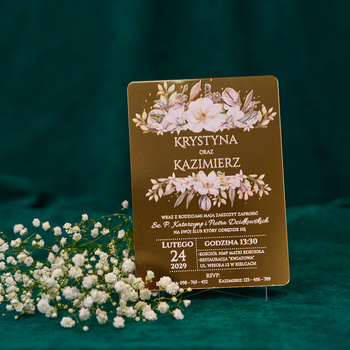 Zaproszenia ślubne PREMIUM wykonane na SZKLE AKRYLOWYM złotym lustrzanym-ZZ13A