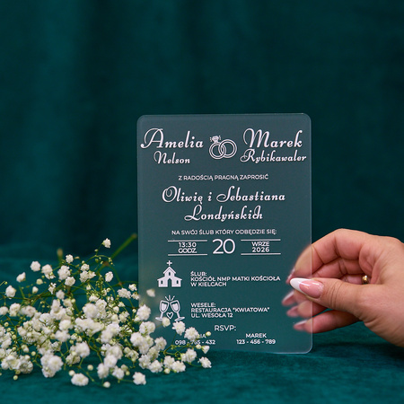 Zaproszenia ślubne PREMIUM wykonane na SZKLE AKRYLOWYM satynowym-ZS05B