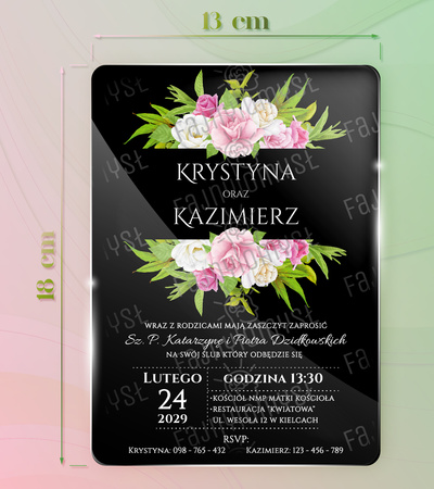 Zaproszenia ślubne PREMIUM wykonane na czarnym SZKLE AKRYLOWYM-ZC13C