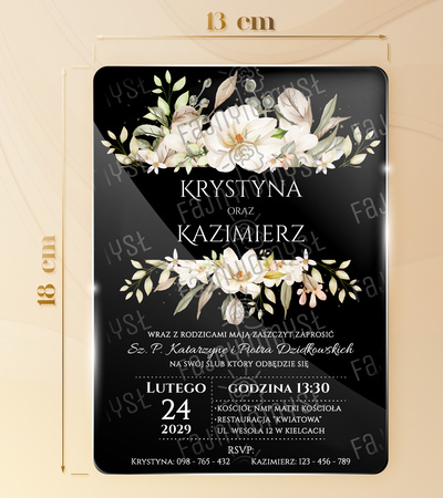 Zaproszenia ślubne PREMIUM wykonane na czarnym SZKLE AKRYLOWYM-ZC13A