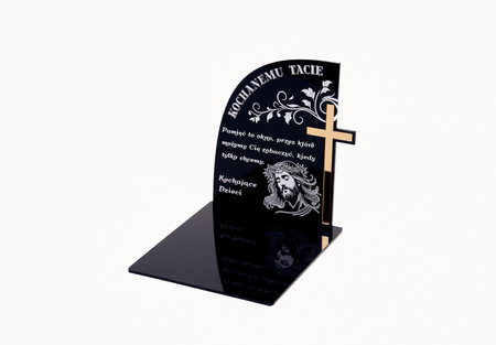 Podstawka pod znicz z klejonym krzyżem złotym lub srebrnym. Wykonana z czarnej matowej lub błyszczącej pleksi