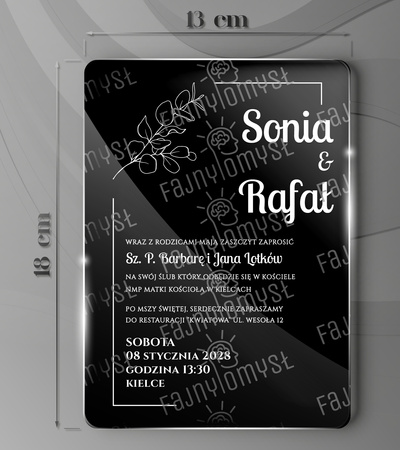 Zaproszenia ślubne PREMIUM wykonane na czarnym SZKLE AKRYLOWYM-ZJC11