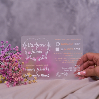 Zaproszenia ślubne PREMIUM wykonane na SZKLE AKRYLOWYM satynowym-ZS15B