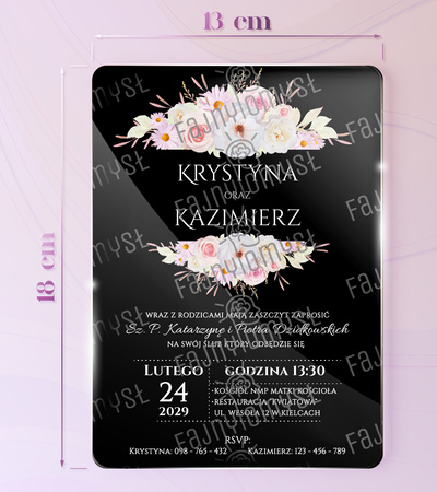 Zaproszenia ślubne PREMIUM wykonane na czarnym SZKLE AKRYLOWYM-ZCZ13B