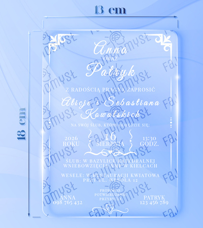 Zaproszenia ślubne PREMIUM wykonane na SZKLE AKRYLOWYM satynowym-ZS01A