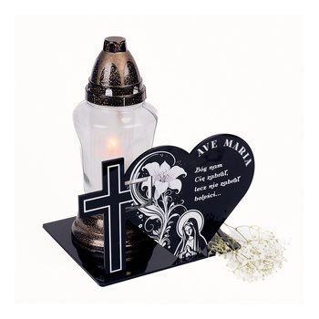 Podstawka pod znicz w kształcie serca z krzyżem. Wykonana z czarnej matowej/błyszczącej lub mlecznej pleksi