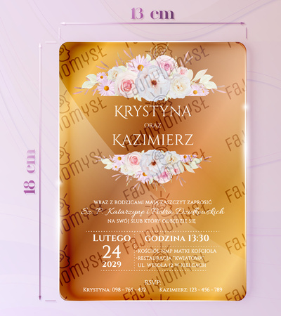 Zaproszenia ślubne PREMIUM wykonane na SZKLE AKRYLOWYM złotym lustrzanym-ZZ13B