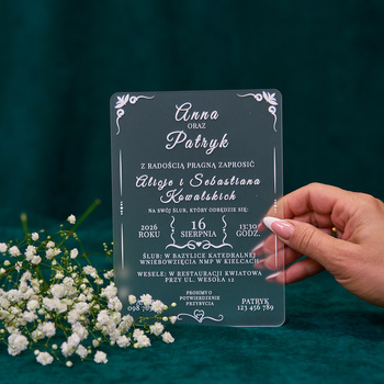 Zaproszenia ślubne PREMIUM wykonane na SZKLE AKRYLOWYM satynowym-ZS01E
