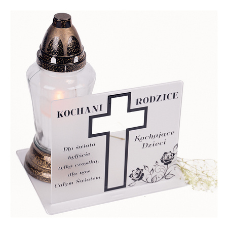 Podstawka pod znicz z wyciętym krzyżem. Wykonana z mlecznej pleksi