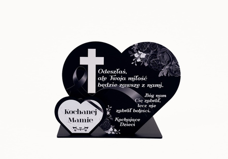 Podstawka pod znicz z podwójnym sercem oraz wyciętym krzyżem. Wykonana z czarnej matowej lub mlecznej pleksi
