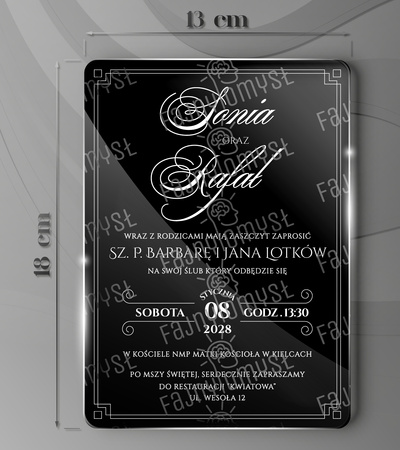 Zaproszenia ślubne PREMIUM wykonane na czarnym SZKLE AKRYLOWYM-ZJC10